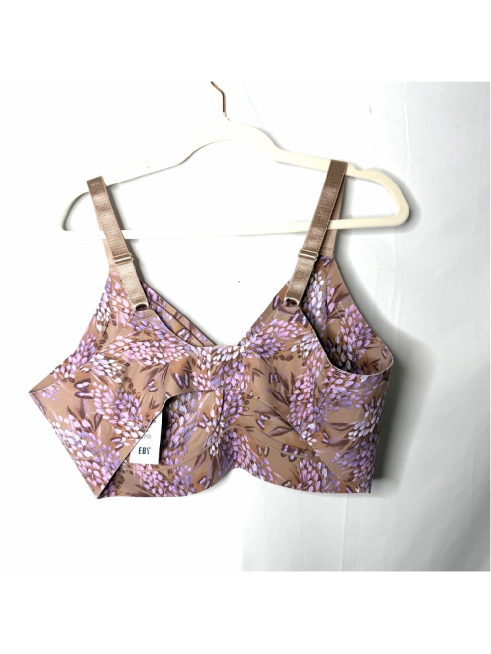 Women's EBY Plus 2X Beige Purple Floral Wireless Relief Bra - Picture 2 of 6